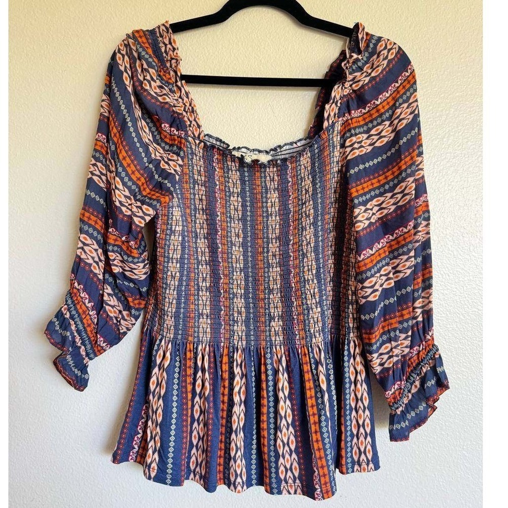 Les Serein Bourges Smocked Blue Geometric Print Smocked Boho Top M Euro Summer
